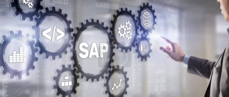 Photo for SAP System Software Automation concept. Businessman presses virtual button SAP. - Royalty Free Image