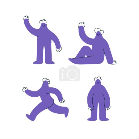 Conjunto de divertidos personajes humanos dibujados a mano morada en blanco