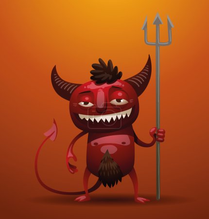 Illustration for Vector smiling little red devil. Image of a smiling little red devil with horns and a tail, holding a trident in his hand on an orange background. - Royalty Free Image