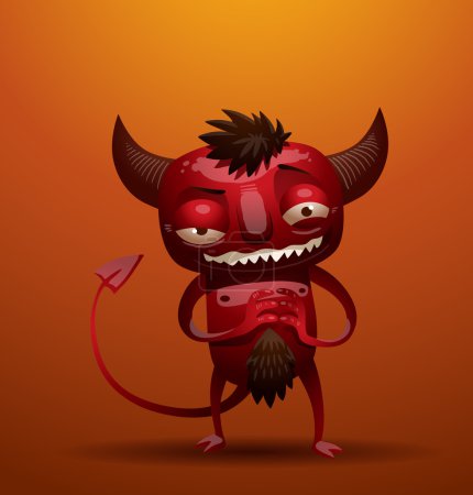 Illustration for Vector little red devil. Image of a little red devil with horns and a tail on an orange background. - Royalty Free Image