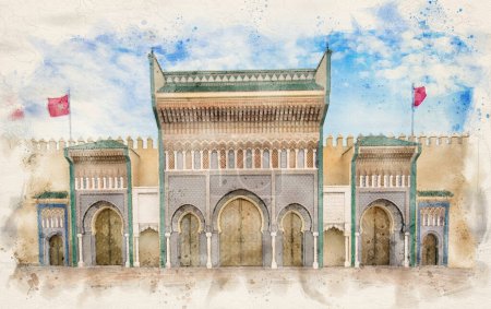 Las puertas del Palacio Real en Fez, Marruecos (Fez) en la ilustración de estilo acuarela