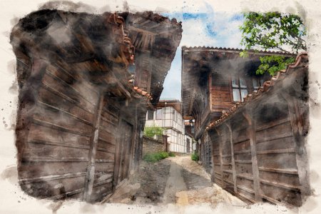 Kotel, BULGARIA. Casa búlgara tradicional en el casco antiguo. Ilustración de estilo acuarela