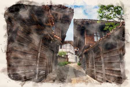 Kotel, BULGARIA. Traditional bulgarian house in the Old Town. Watercolor style illustration