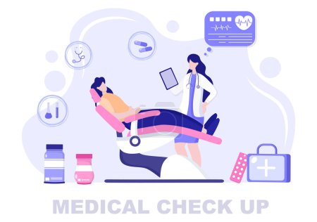Ilustración de Examen de salud médica Antecedentes Página de aterrizaje Ilustración. Médico cuidando del paciente midiendo la presión arterial o el corazón para hacer pancarta y otros - Imagen libre de derechos