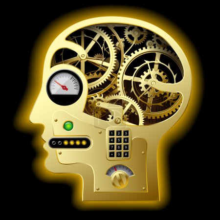 Illustration for Vector image of silhouette of a human mechanical gold head half face with brain gears and other equipment. Business concepts. Concept of human thinking - Royalty Free Image