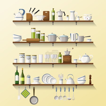 Estantes de cocina con platos y ollas
