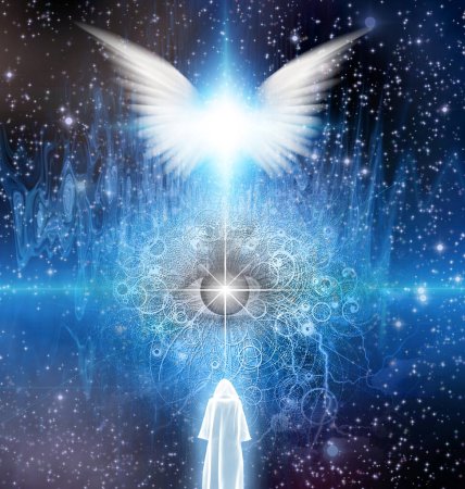 Spiritual sci fi scene with angel and cloaked figure