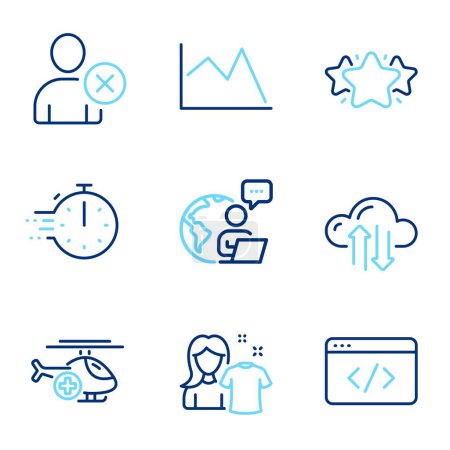 Ilustración de Conjunto de iconos de negocios. Icono incluido como estrella, carta de línea, signos de helicóptero médico. Guión geográfico, temporizador de cocina, símbolos de sincronización en la nube. Camisa limpia, Eliminar iconos de línea de usuario. Gráfico financiero favorito. Vector - Imagen libre de derechos