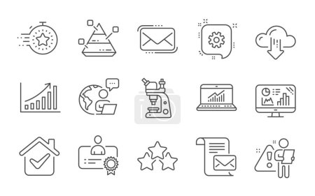 Ilustración de Conjunto de iconos de línea de estrellas de microscopio, correo Messenger y ranking. Gráfico analítico, signos de gráfico de temporizador y pirámide. Símbolos Cogwheel, Certificate y Mail. Juego de iconos de línea. Vector - Imagen libre de derechos