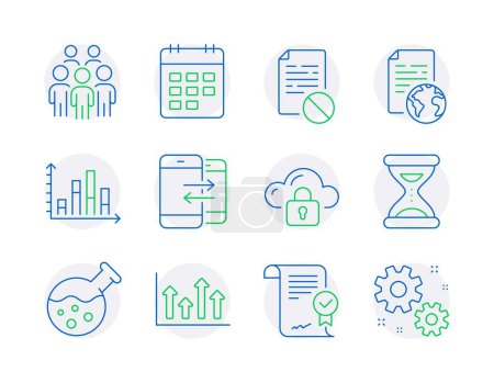 Ilustración de Conjunto de iconos educativos. Icono incluido como calendario, documento de Internet, signos de protección en la nube. Acuerdo aprobado, laboratorio de química, símbolos de tiempo. Gente del grupo, flechas superiores, comunicación telefónica. Vector - Imagen libre de derechos