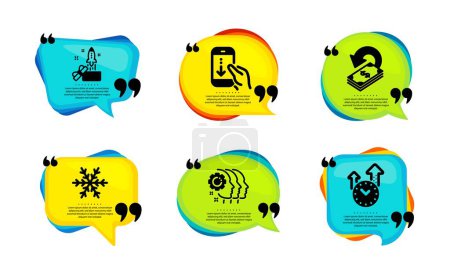 Desplácese hacia abajo, Innovación y Cashback iconos conjunto simple. Burbuja del habla con citas. Empleados de trabajo en equipo, Aire acondicionado y señales de gestión del tiempo. Pase el teléfono, Crowdfunding, transferencia financiera. Vector