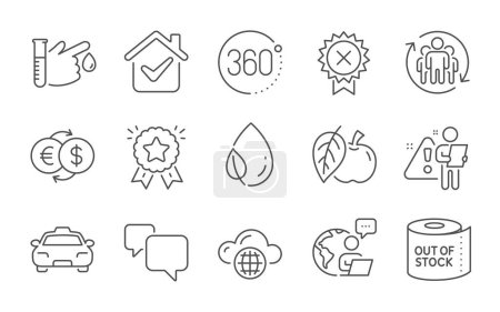 Ilustración de Juego de iconos de papel higiénico, taxi y línea Apple. Rechazar medalla, 360 grados y signos de rocío de la hoja. Burbuja del habla, intercambio de dinero y símbolos de trabajo en equipo. Juego de iconos de línea. Vector - Imagen libre de derechos