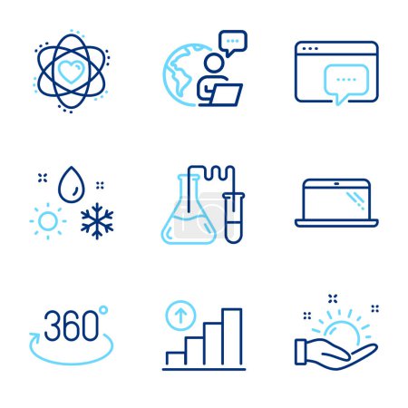 Ilustración de Conjunto de iconos científicos. Icono incluido como Clima, Clima soleado, Signos de átomo. Gráfico, mensaje geográfico, símbolos de laboratorio de química. Rotación completa, iconos de la línea Laptop. Clima, espera el sol. Juego de iconos de línea. Vector - Imagen libre de derechos