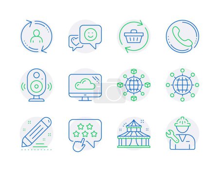 Ilustración de Conjunto de iconos de negocios. Icono incluido como centro de llamadas, información del usuario, señales de altavoz. Circo, Contrato de marca, Clasificación de símbolos estrella. Almacenamiento en la nube, Globo internacional, Carro de actualización. Sonríe, reparador. Vector - Imagen libre de derechos