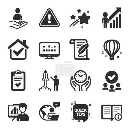 Ilustración de Conjunto de iconos de la educación, tales como globo aéreo, grupo aprobado, símbolos de información técnica. Pluma, Consejos rápidos, Carteles de presentación. Reclutamiento, Proyecto de lanzamiento, Fabricación de música. Lista de verificación. Vector - Imagen libre de derechos