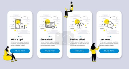 Ilustración de Vector Conjunto de iconos de negocio relacionados con realidad aumentada, Pago privado e iconos de configuración web. Pantallas de aplicaciones de teléfonos de interfaz de usuario con personas. Símbolos de línea de computación en nube. Vector - Imagen libre de derechos
