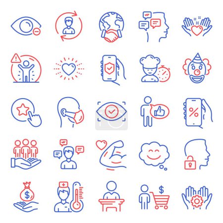 Conjunto de iconos de gente. Icono incluido como aplicación Descuentos, Negocio global, Señales de mensajes. Recursos humanos, ojo biométrico, símbolos de los mejores compradores. Comprador, brazo fuerte. Máscara médica, sistema de desbloqueo. Vector