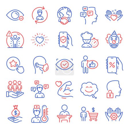 People icons set. Included icon as Discounts app, Global business, Messages signs. Human resources, Biometric eye, Best buyers symbols. Like, Buyer, Strong arm. Medical mask, Unlock system. Vector