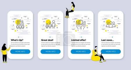 Illustration for Set of People icons, such as Business hierarchy, Employee hand, Group people icons. UI phone app screens with people. Group line symbols. Organization, Work gear, Business meeting. Vector - Royalty Free Image