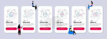 Ilustración de Conjunto de iconos de tecnología vectorial relacionados con la aplicación de Internet, chat de sonrisa e iconos de búsqueda de personas. Pantallas de aplicaciones para teléfonos de interfaz de usuario con trabajo en equipo. Mensajes de chat, Entrenamiento cardiovascular y disminución de símbolos de línea de gráfico. Vector - Imagen libre de derechos