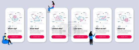 Ilustración de Conjunto de iconos de finanzas, como el dinero de la donación, diagrama de ventas, iconos de venta. Pantallas de aplicaciones para teléfonos de interfaz de usuario con trabajo en equipo. Gráfico decreciente, Gráfico piramidal, Coins line symbols. Vector - Imagen libre de derechos