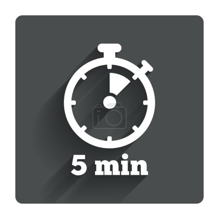 Illustration for Timer sign icon. 5 minutes stopwatch symbol. Gray flat square button with shadow. Modern UI website navigation. Vector - Royalty Free Image