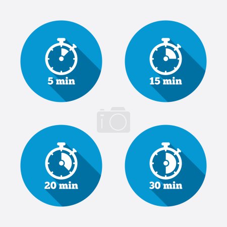 Illustration for Timer icons. 5, 15, 20 and 30 minutes stopwatch symbols. Circle concept web buttons. Vector - Royalty Free Image