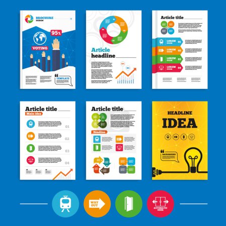 Ilustración de Diseño de folletos o volantes. Icono del tren. Símbolo de puerta automática. Signo de flecha. Resultados de la encuesta de negocios infografías. Vector - Imagen libre de derechos