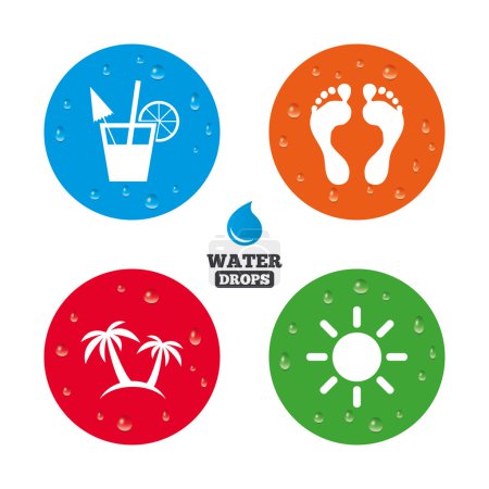 Illustration for Water drops on button. Beach holidays icons. Cocktail, human footprints and palm trees signs. Summer sun symbol. Realistic pure raindrops on circles. Vector - Royalty Free Image