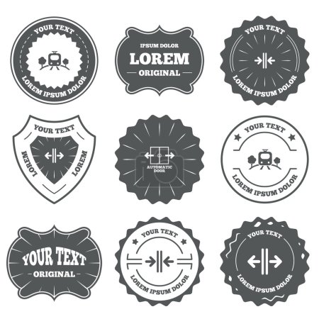 Illustration for Vintage emblems, labels. Train railway icon. Overground transport. Automatic door symbol. Way out arrow sign. Design elements. Vector - Royalty Free Image