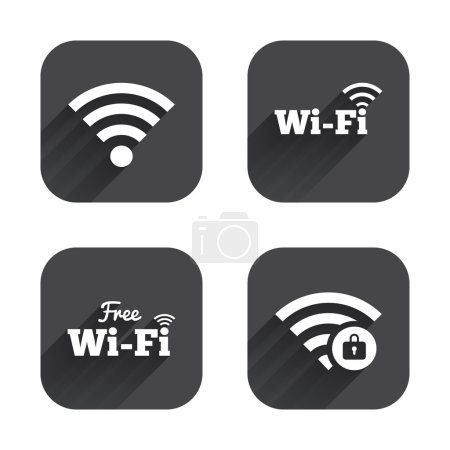 Ilustración de Iconos de red inalámbrica Wifi gratis. Zona Wi-Fi con símbolos bloqueados. Señal Wi-Fi protegida con contraseña. Botones planos cuadrados con sombra larga
. - Imagen libre de derechos