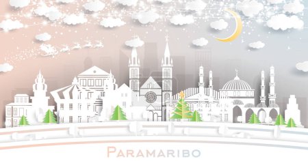 Ilustración de Paramaribo Surinam City Skyline en estilo de corte de papel con copos de nieve, luna y guirnalda de neón. Ilustración vectorial. Concepto de Navidad y Año Nuevo. Papá Noel en trineo. Paramaribo Paisaje urbano. - Imagen libre de derechos