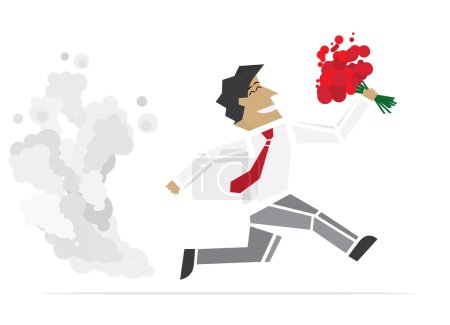 Feliz San Valentín. Hombre corriendo con flores
 