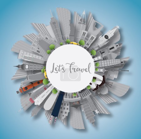 Ilustración de Concepto de viaje alrededor del mundo. Monumentos internacionales famosos. Concepto de Viajes de Negocios y Turismo con Espacio Copiado. Imagen para Presentación, Banner, Placard y Sitio Web. Ilustración vectorial
. - Imagen libre de derechos