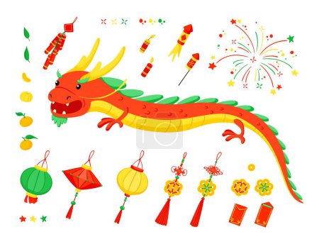 Conjunto de elementos de Año Nuevo chino. Celebración del festival anual asiático, símbolos de vacaciones tradicionales de China. Oriental lunar año nuevo vector ilustraciones