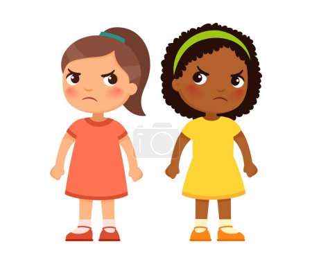 Dos niñas multirraciales se miran cruelmente, personajes de dibujos animados. Niños enojados, enemistad o concepto de rivalidad. Ilustración vectorial.
