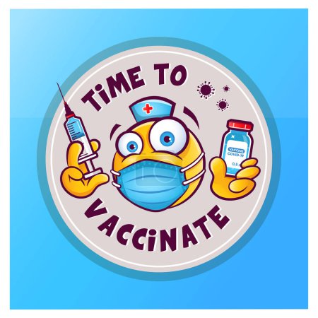 Photo for Emoji with medical mask over mouth, bottle of vaccine and a syringe for injection. Round vector sticker icon with emoticon and inscription "time to vaccinate" isolated on blue background. - Royalty Free Image