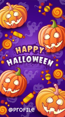Photo for Happy Halloween. Glowing pumpkins lanterns and candies. Halloween stories template. Vector illustration for halloween. Background pattern with ghosts and pumpkins silhouettes. - Royalty Free Image