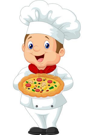 Téléchargez les illustrations : Illustration vectorielle du Chef tenant une pizza - en licence libre de droit