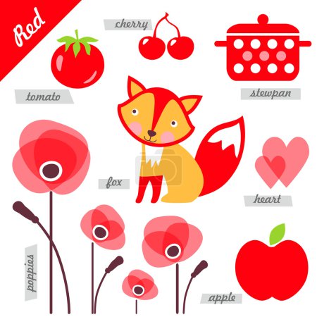 Téléchargez les illustrations : Ensemble d'images comme exemples de couleur bleue, pour les enfants, à des fins éducatives, illustrations, page, coquelicots, pot, coeur, tomate, renard, pomme
, - en licence libre de droit