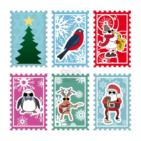 Seis sellos multicolores para la tarjeta de Navidad

