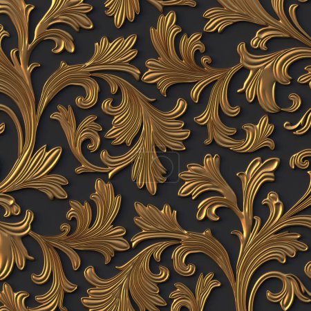 Ilustración 3D Fondo abstracto. Obra, voluminosas ramas doradas con hojas, con sombra sobre fondo negro.Parrilla decorativa con adorno floral, panel 3D. Fondo futurista. Render