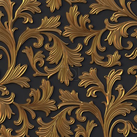 Photo for 3D illustration Abstract background. Work, voluminous golden branches with leaves, with shadow on a black background.Decorative grill with a floral ornament, 3D panel. Futuristic background. Render - Royalty Free Image