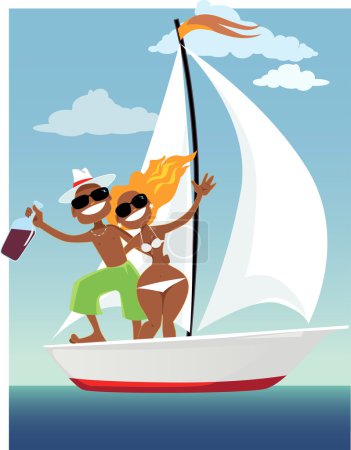 Ilustración de Linda pareja bronceada feliz en un barco de vela, vector de dibujos animados, sin transparencias, EPS 8 - Imagen libre de derechos