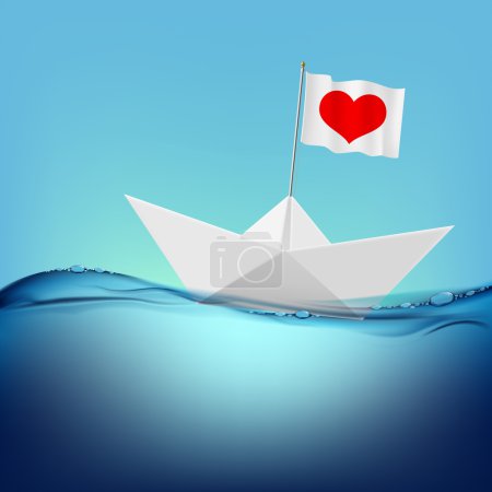 Bandera con un corazón rojo en un barco de papel
