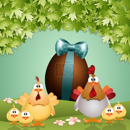Familia de pollos con huevo de Pascua
Familia de pollos con huevo de Pascua