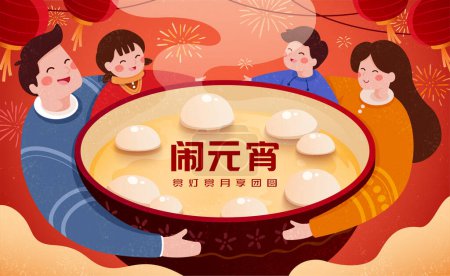 Plakat des chinesischen Yuanxiao. Schöne asiatische Familie hält eine riesige Schüssel mit klebrigen Reisbällchen zusammen. Übersetzung: Laternenfest, Genießen Sie den Urlaub