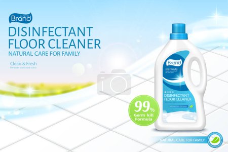 Photo for Ad template of floor cleaner. 3d bottle mock up set on shiny white tile floor with blue sky. Concept of bio natural care for home and family. - Royalty Free Image