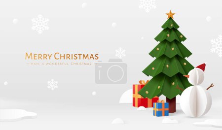 Téléchargez les photos : Bannière de Noël grise en style de coupe de papier. Illustration de sapin de Noël décoré avec bonhomme de neige, boîtes-cadeaux et neige tombée sur fond gris - en image libre de droit