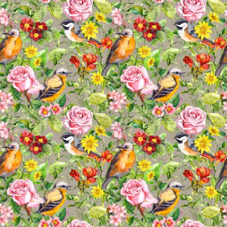 Flores, prados, pájaros. Patrón floral sin costuras. Acuarela
